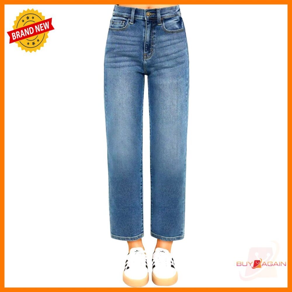 High Waisted Cropped Straight Leg Jeans, 7/8 Length Denim Pants, Elastic Fabric